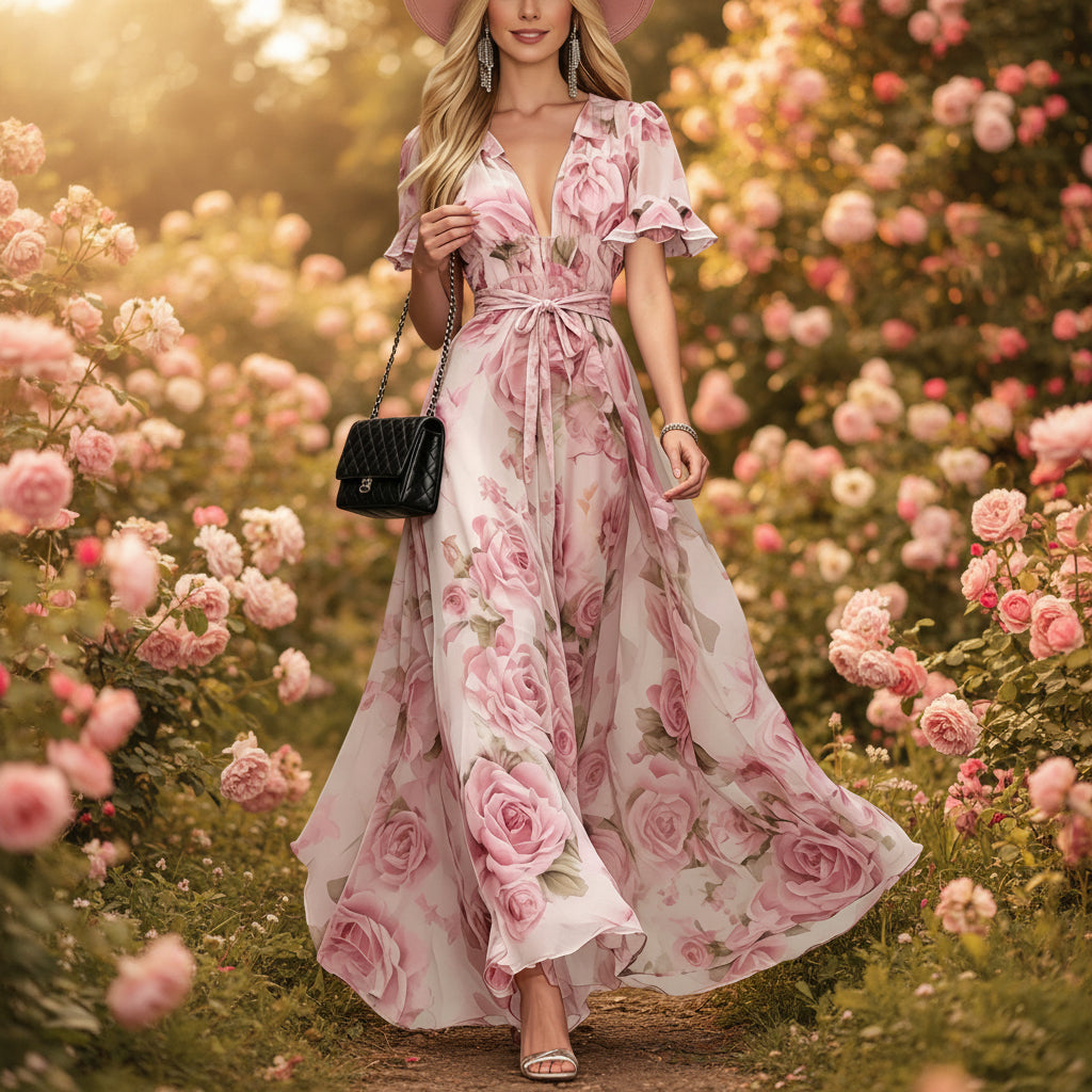 Deep V-neck ruffle sleeve printed dress 