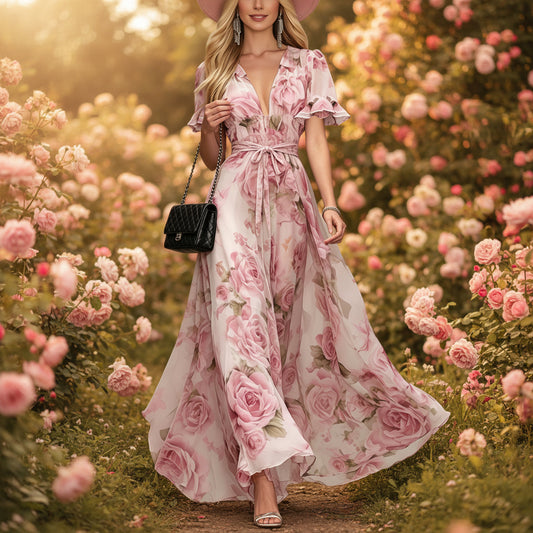 Deep V-neck ruffle sleeve printed dress 