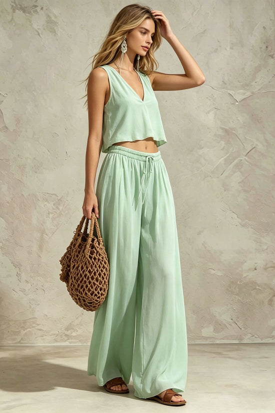 V-neck solid color sleeveless camisole top wide leg pants set
