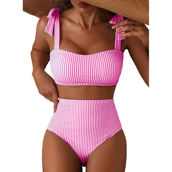 Women's Striped Bikini Set with Tie-Shoulder Design, High-Waisted Two-Piece Swimsuit 