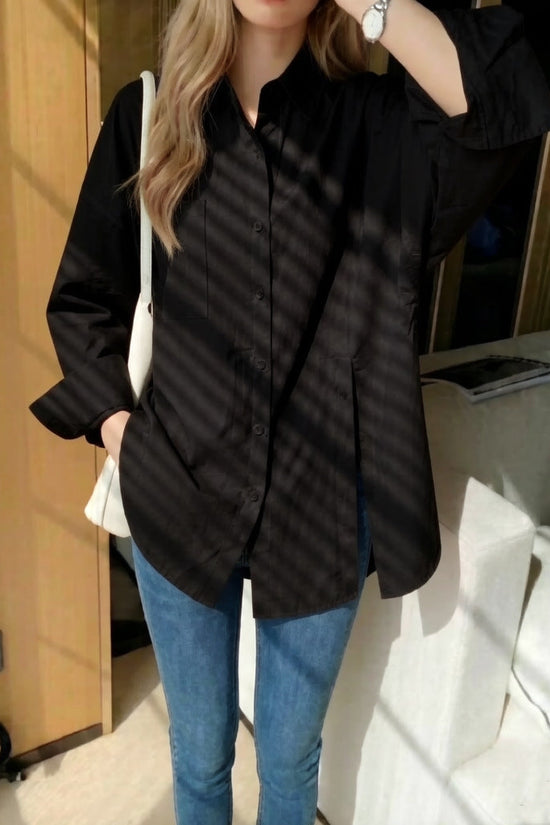New women's solid color long sleeved shirt with button side slit 