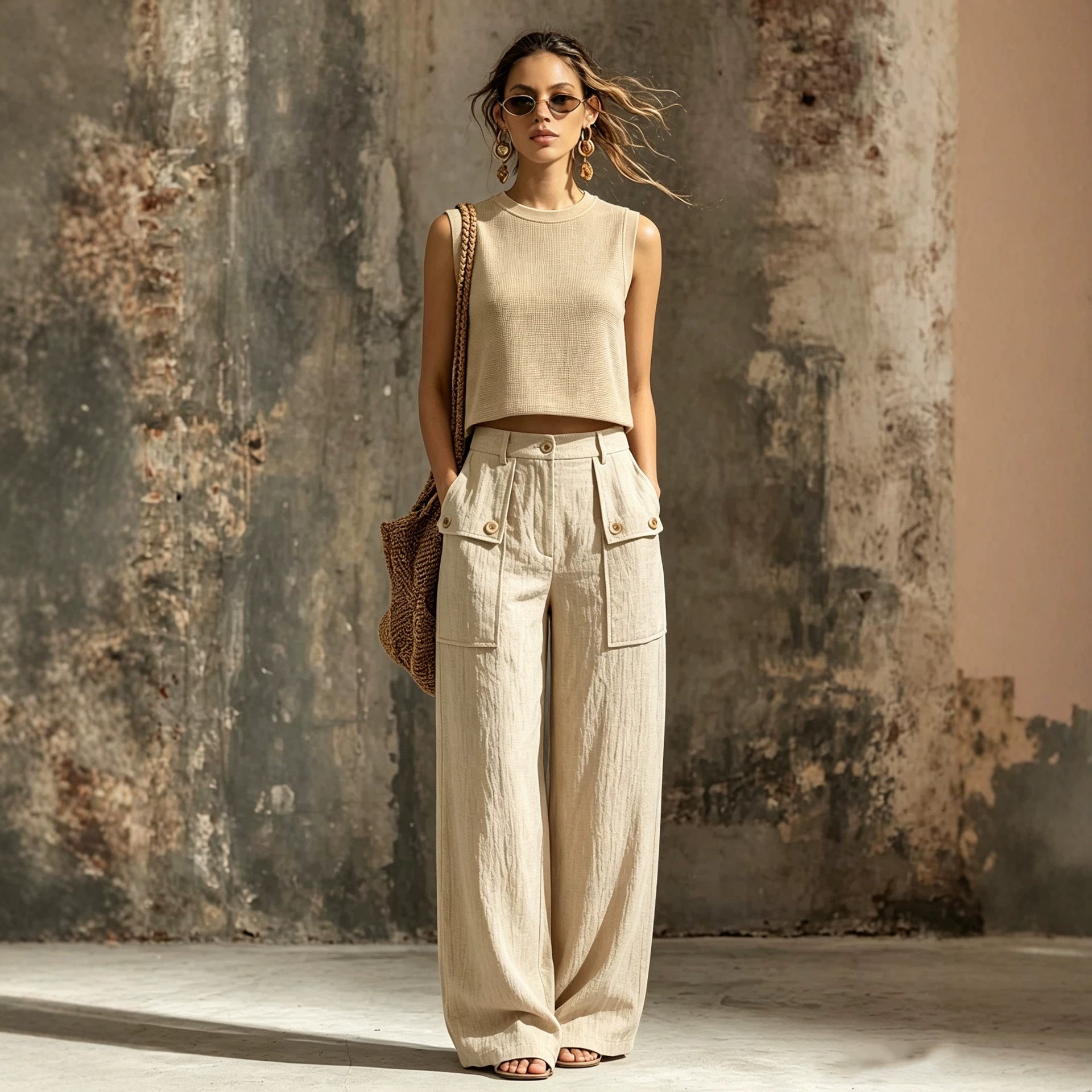 Khaki linen casual two-piece short knitted vest pocket wide leg pants set 