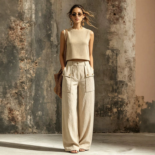 Khaki linen casual two-piece short knitted vest pocket wide leg pants set 