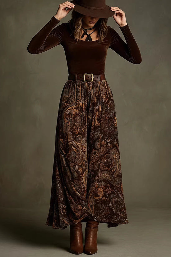 Slim fit printed long skirt set with belt 