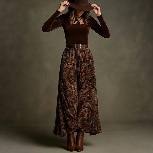 Slim fit printed long skirt set with belt 