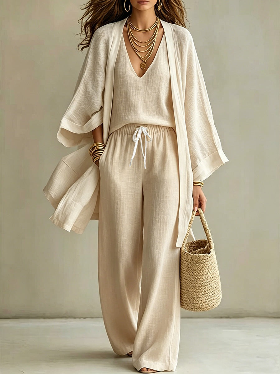 Loose cardigan sleeveless vest long pants three piece set for women
