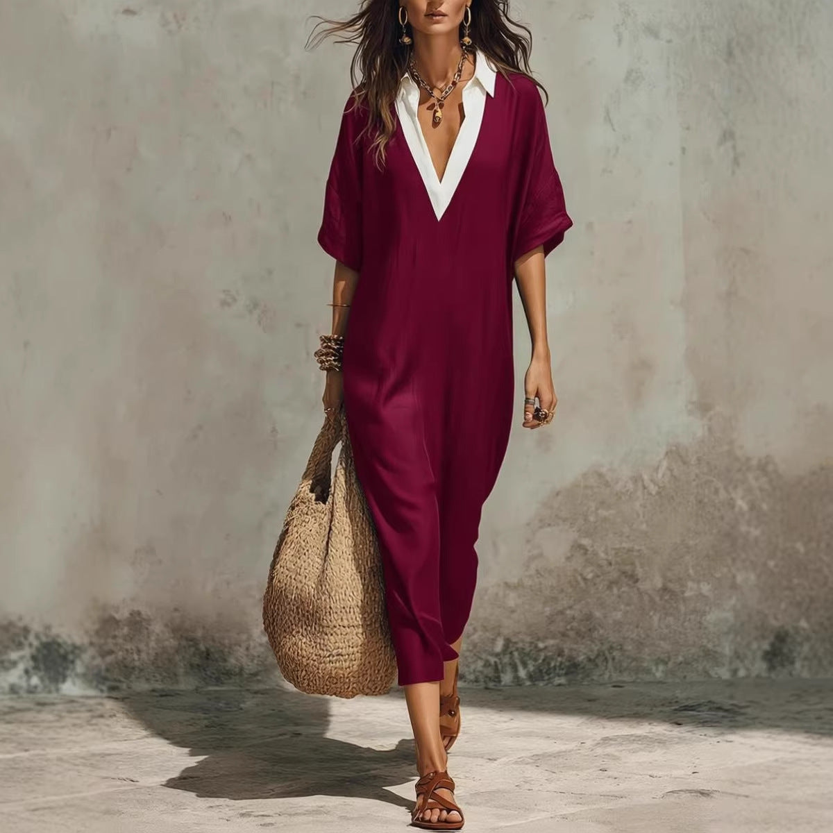Cross-Border Casual Lazy-Style V-Neck Loose Cropped-Sleeve Dress Linen Texture Relaxed Vacation-Ready 