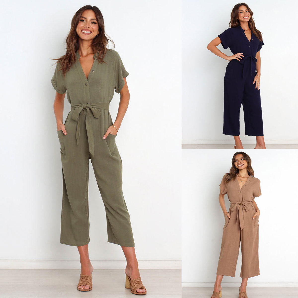 V-neck Cropped Wide-leg Jumpsuit For Women 