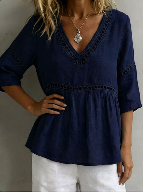 Solid-color V-neck Hollow-out Casual Fringed Top 