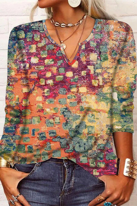 Women's Casual Ethnic Style V-neck Long-sleeved T-shirt 