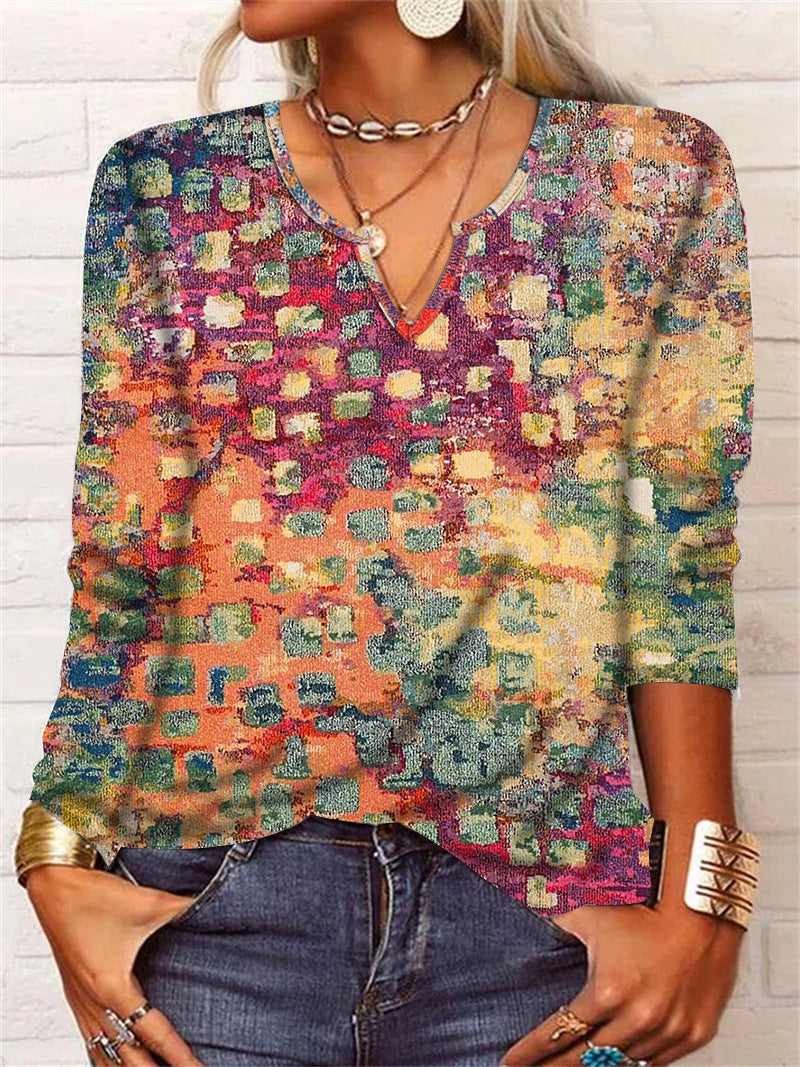 Women's Casual Ethnic Style V-neck Long-sleeved T-shirt 