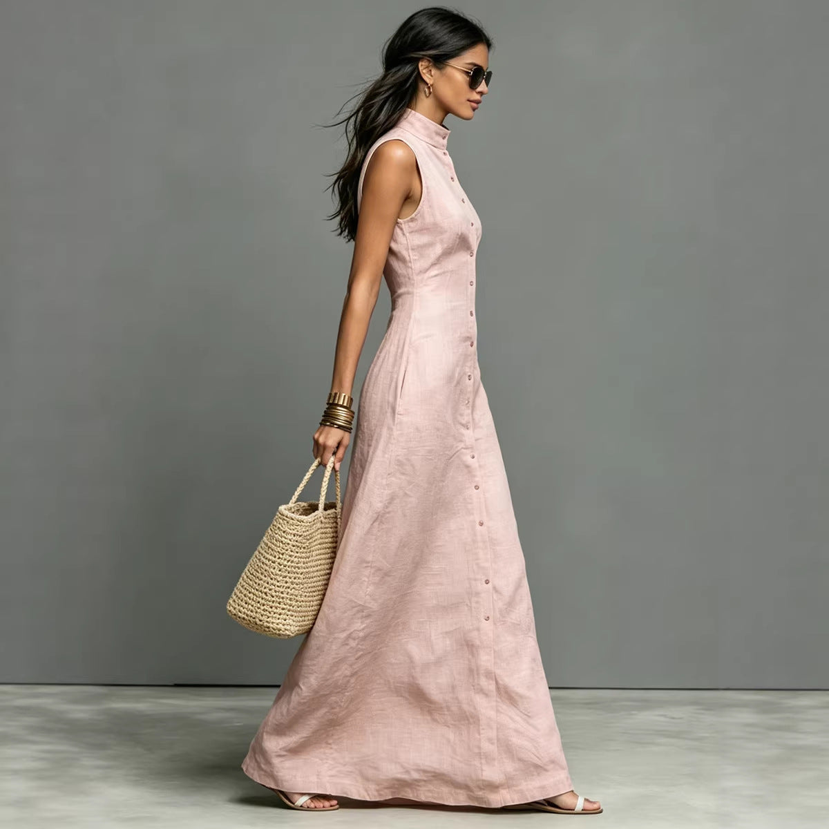 Blended Fabric Stand-up Collar Single-breasted Sleeveless Maxi Dress 