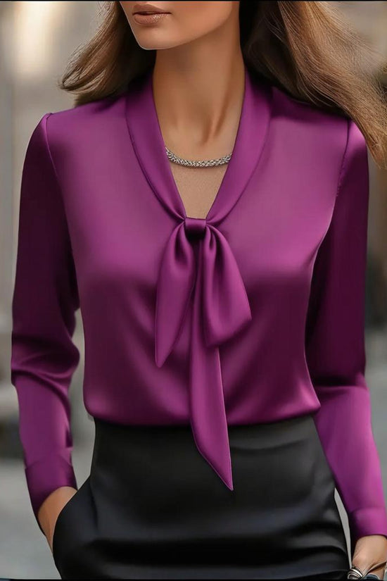 Women's Elegant Satin Blouse, Long Sleeve Button Down Shirt With Ribbon Detail For Office Work CJ US