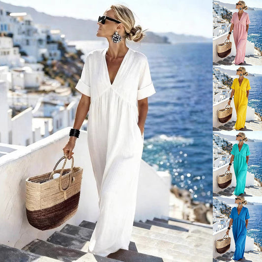 Womens Casual Resort-Style V-Neck Short-Sleeve Solid Color Long Dress 