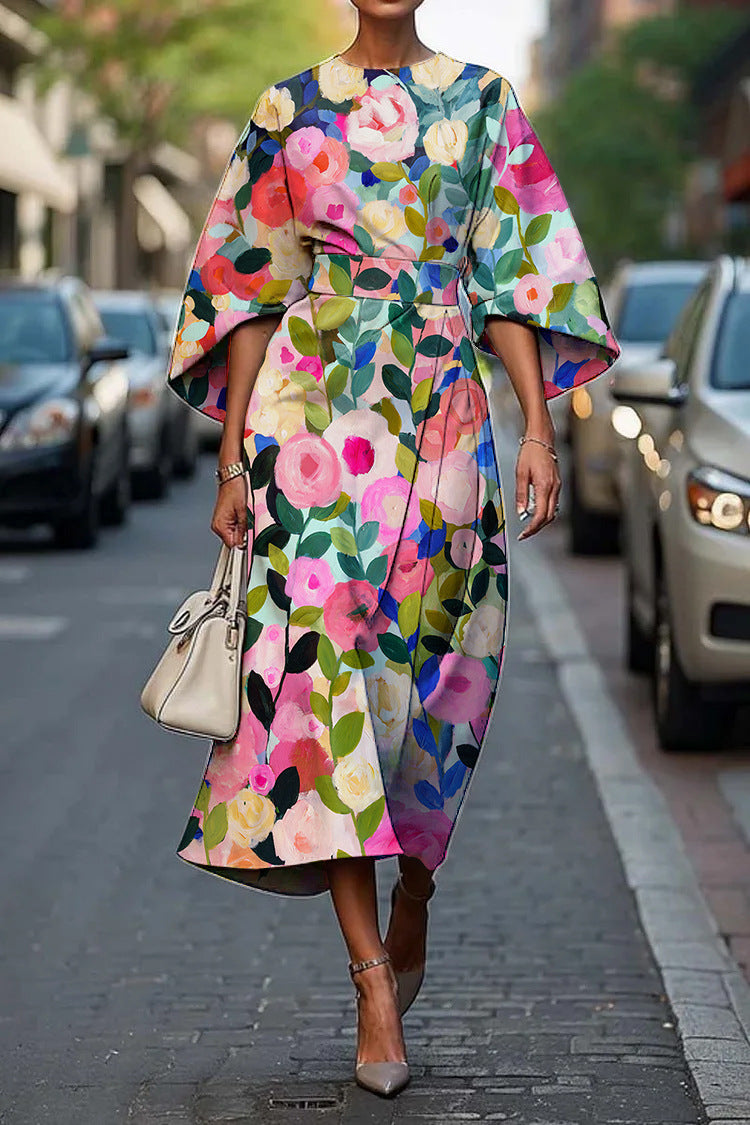 Women's Elegant Geometric Print Batwing Sleeve Round Neck Maxi Dress 