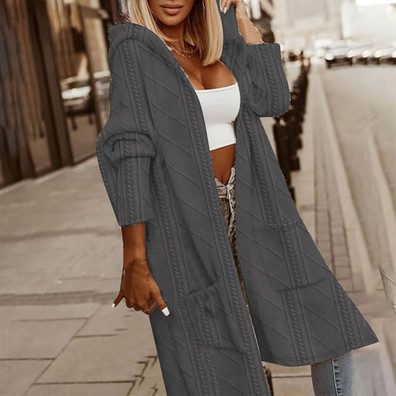 Women's Textured Hooded Longline Jacket, Solid Color Casual Oversized Top With Pockets For Fall & Winter CJ US