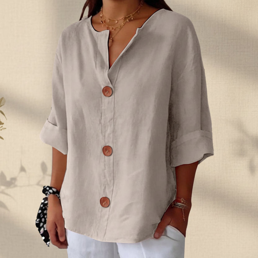 Women's V-neck cotton and linen buttoned blouse 