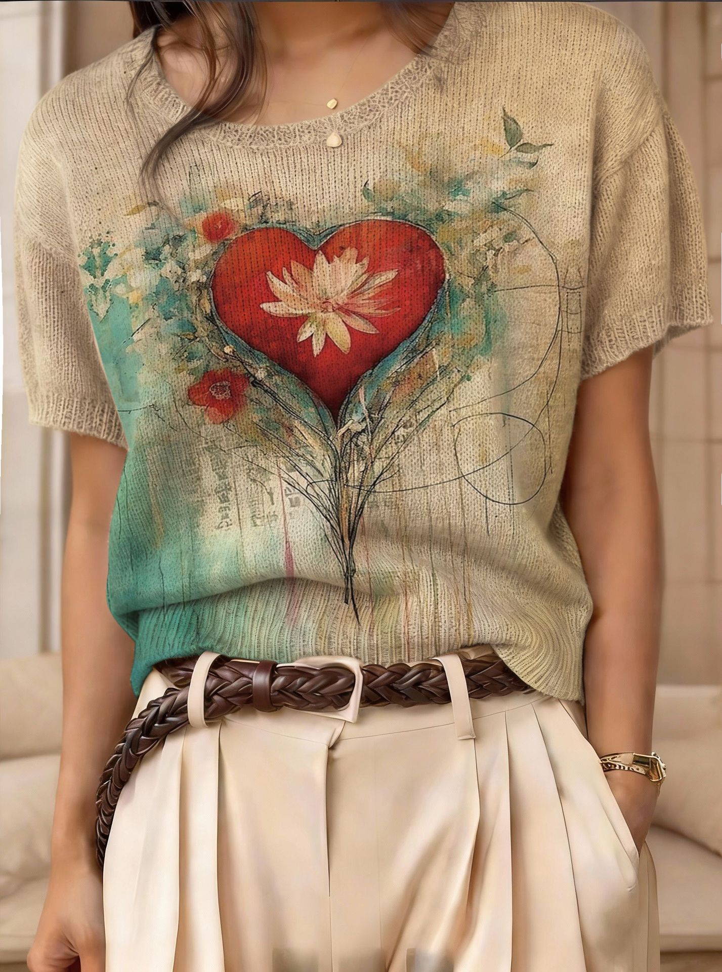 Retro Short-Sleeve Sweater Contrast-Color Jacquard Knit Top 