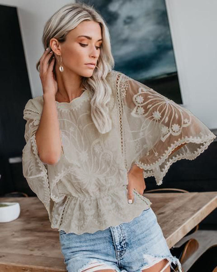Womens New Arrival Lace Trim Top Short-Sleeve Shirt Loose Batwing Sleeve 