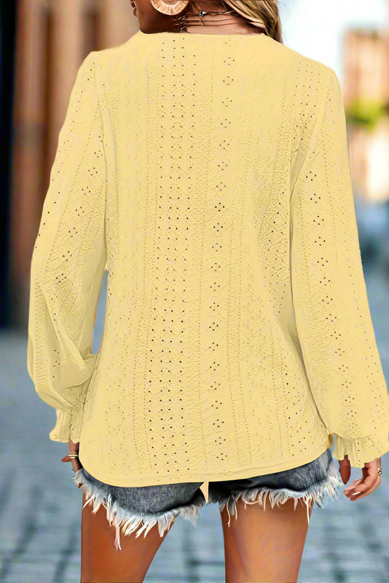 Plus Size Women's V-Neck Solid Top With Button Lantern Sleeves Hollow Out Detail Blouse For Spring&Fall CJ US