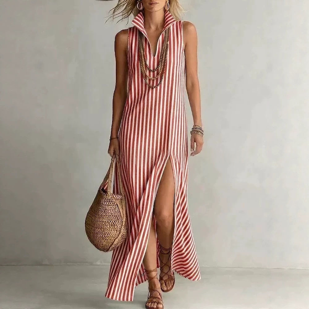 Seasonal New Womens Striped Stand Collar Side-Slit Camisole Dress 
