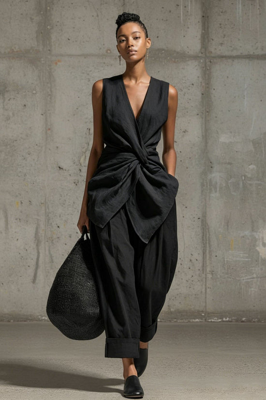Waist-cinching Tie-front V-neck Sleeveless Top Wide-leg Pantsuit 