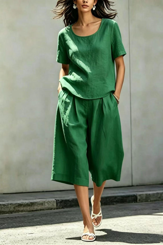 Cotton-linen Casual Loose-fitting Short-sleeve Top And Shorts Set 