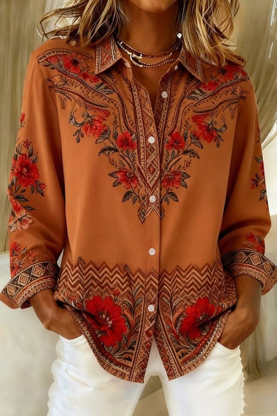 Womens Loose-Fitting Long-Sleeve Lapel-Neck Printed Shirt 