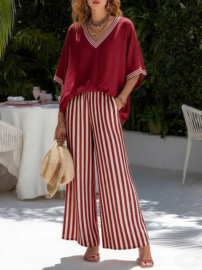 Tunic-style Striped Casual Trousers Womens Outfit 