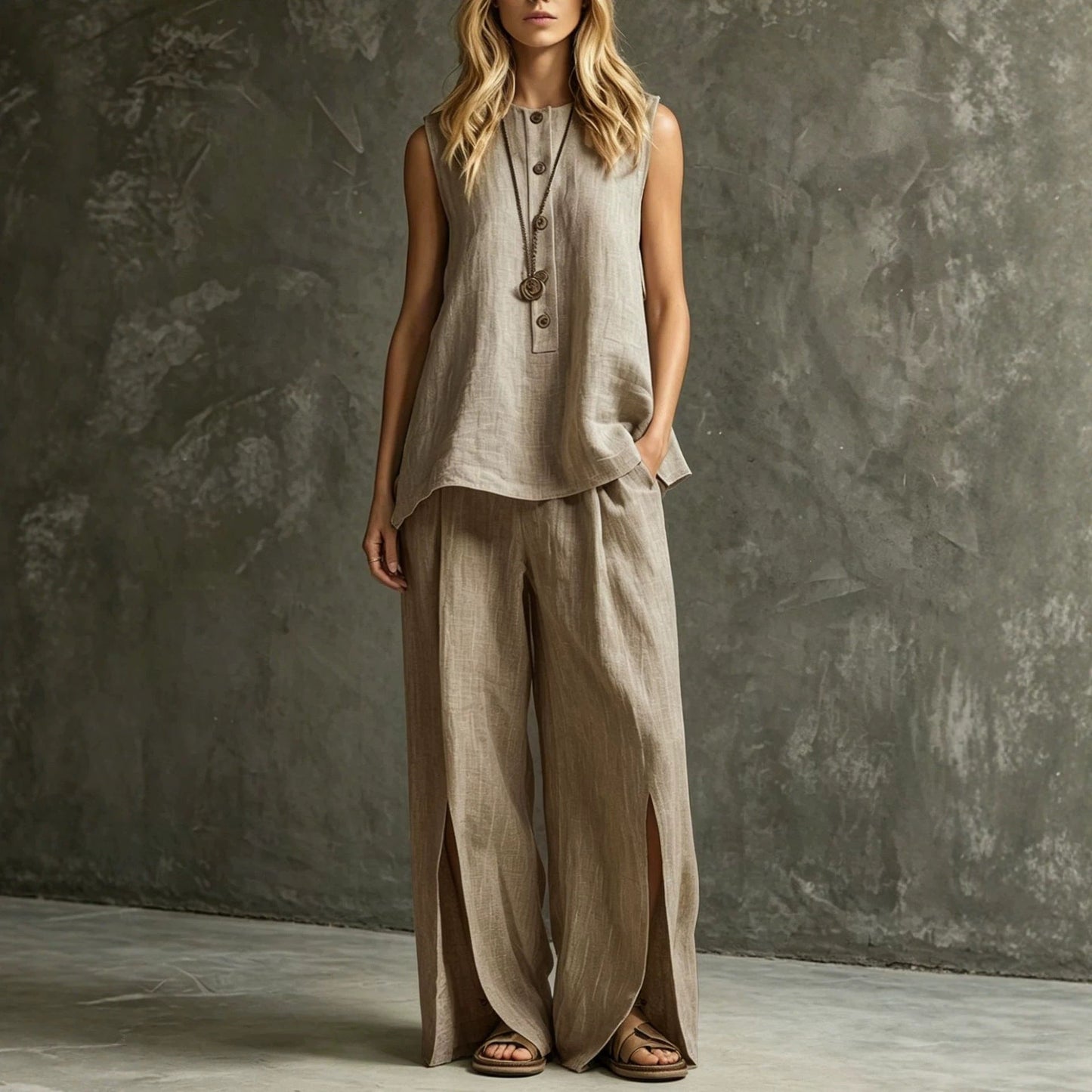 Womens Loose Sleeveless Tank Top And Slit Wide-Leg Pants Set 