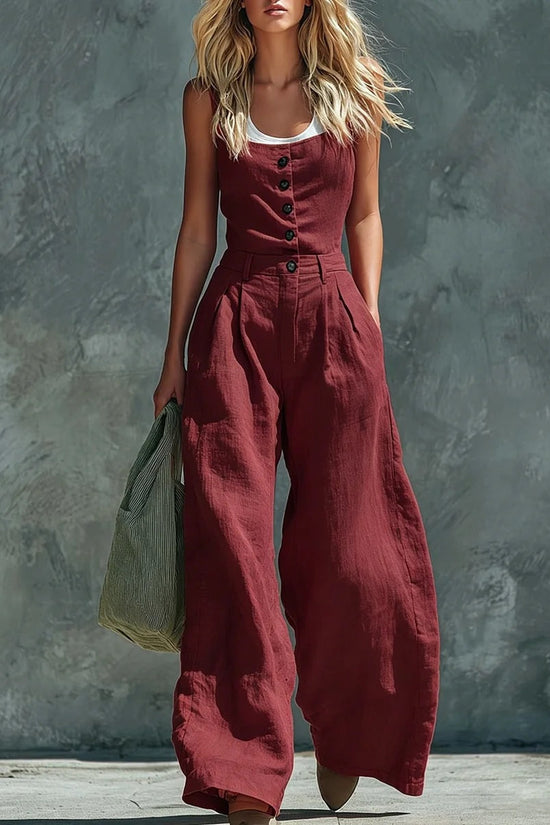 2026 European And American Cross-border Foreign Trade New Style Retro Button Front Opening High Waist Wide Leg Jumpsuit 