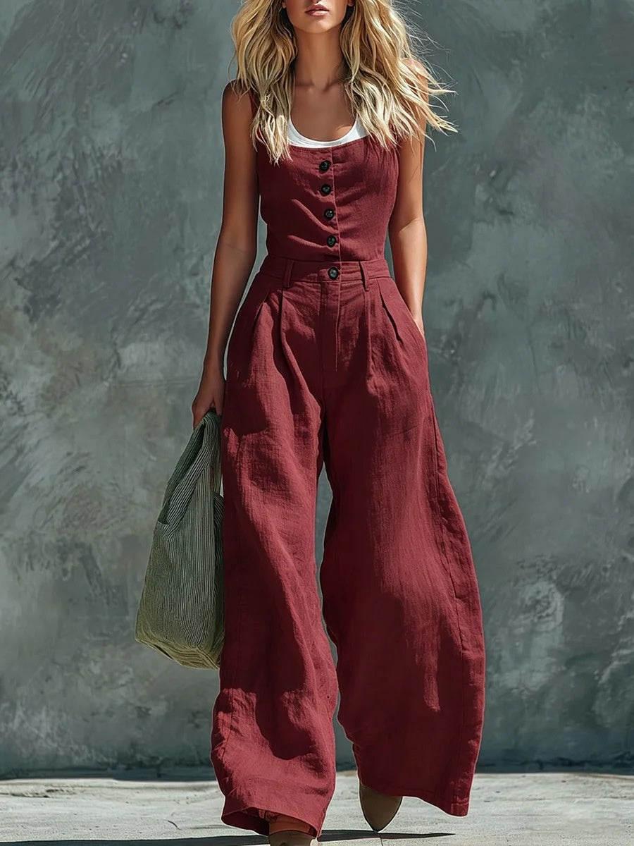2026 European And American Cross-border Foreign Trade New Style Retro Button Front Opening High Waist Wide Leg Jumpsuit 