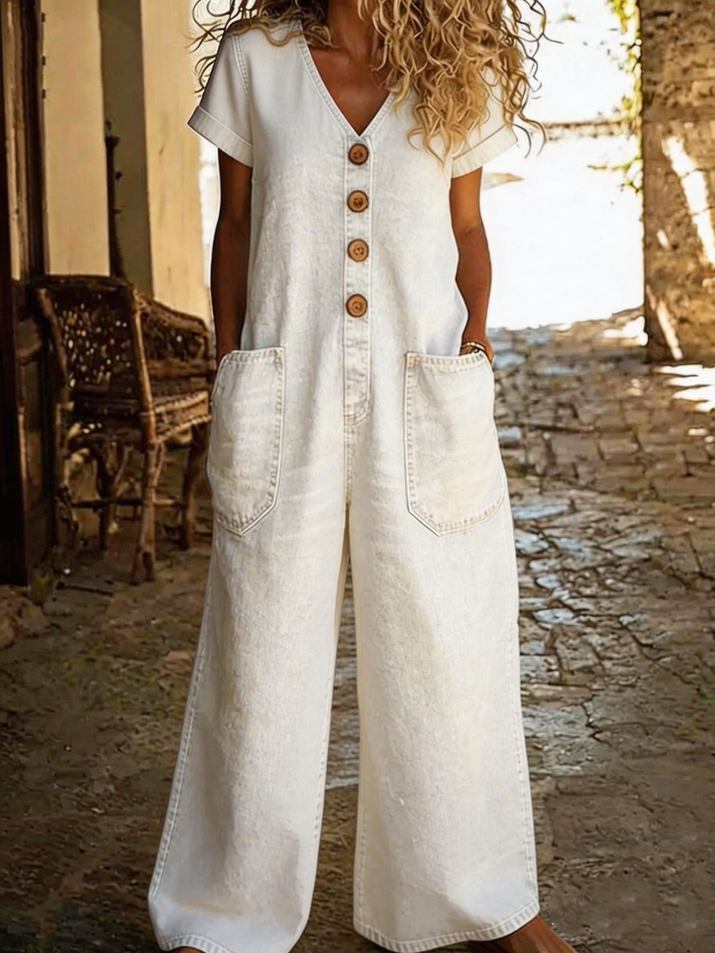 Womens Retro Summer Cotton-Linen Button-Pocket Comfortable Short-Sleeve Casual 