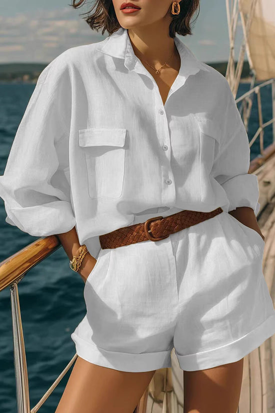 Cotton-linen Loose-fit Button-down Shirt And Shorts Fashion Casual Set 