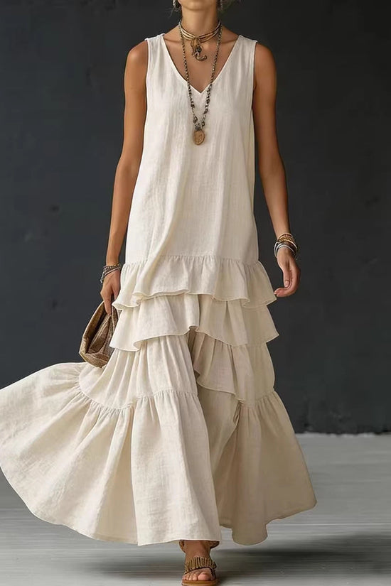 Solid-color Womens Loose-fitting Full-skirted Sleeveless Dress 