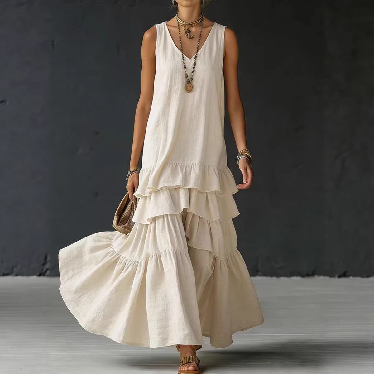 Solid-color Womens Loose-fitting Full-skirted Sleeveless Dress 