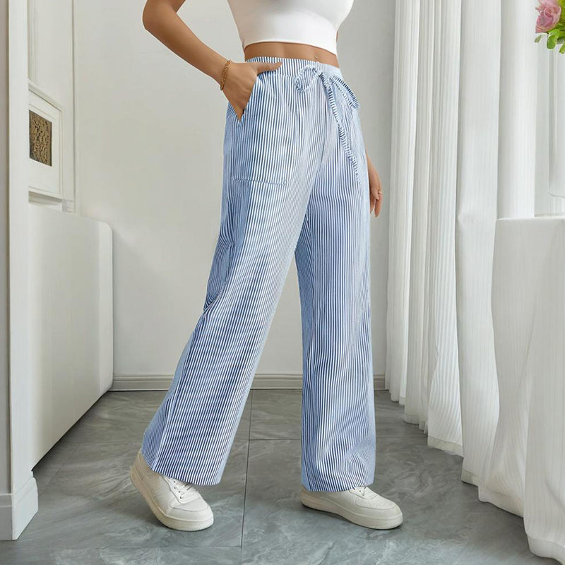 Women's Striped Print Straight Wide Leg Pockets Pants Casual Long Pants CJ US