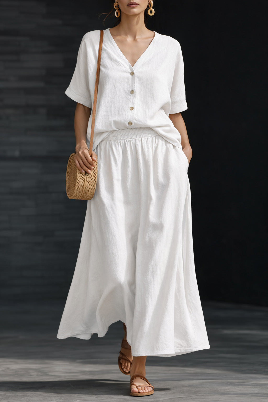 Cotton-linen V-neck Button-up Short-sleeve Top And Skirt Set 