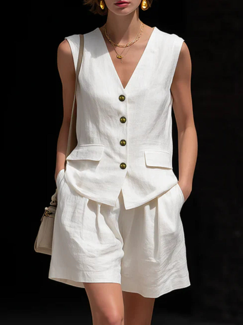 Womens Simple Elegant Cotton-Linen Vest Top And Shorts Two-Piece Set 