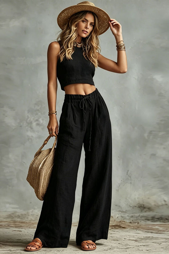 Vest Drawstring High-Waist Wide-Leg Pants Two-Piece Set 