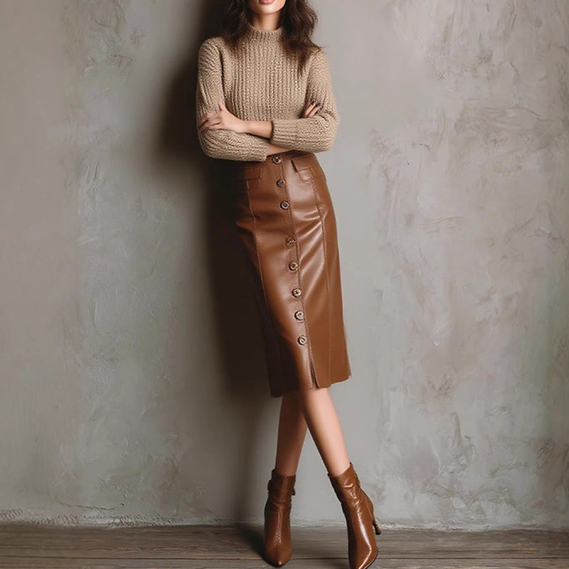 Women's Faux Leather Bodycon Skirt - High Waisted Slim Fit Midi Skirt With Front Slit & Button Decor 