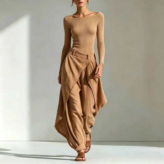 Women's Off-Shoulder Slim Top & Draped Wide Leg Pants Two-Piece Set 