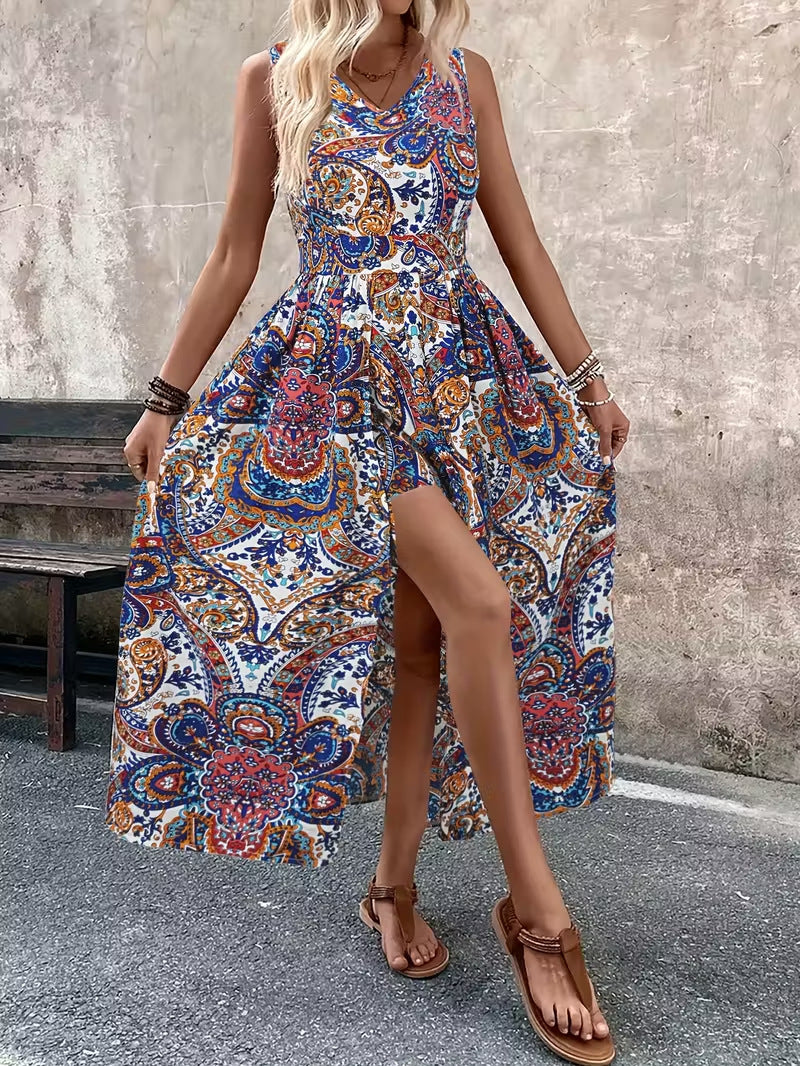 Summer Vacation Casual Chic Fashion Womens Printed V-Neck Sleeveless Jumpsuit 