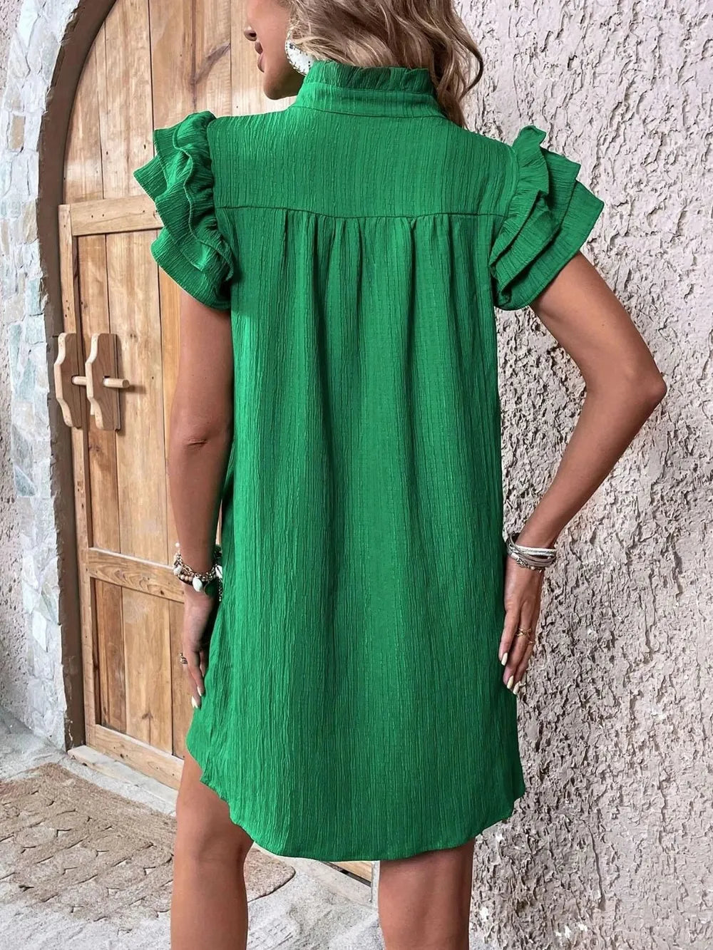 Ruffled Notched Cap Sleeve Mini Dress 
