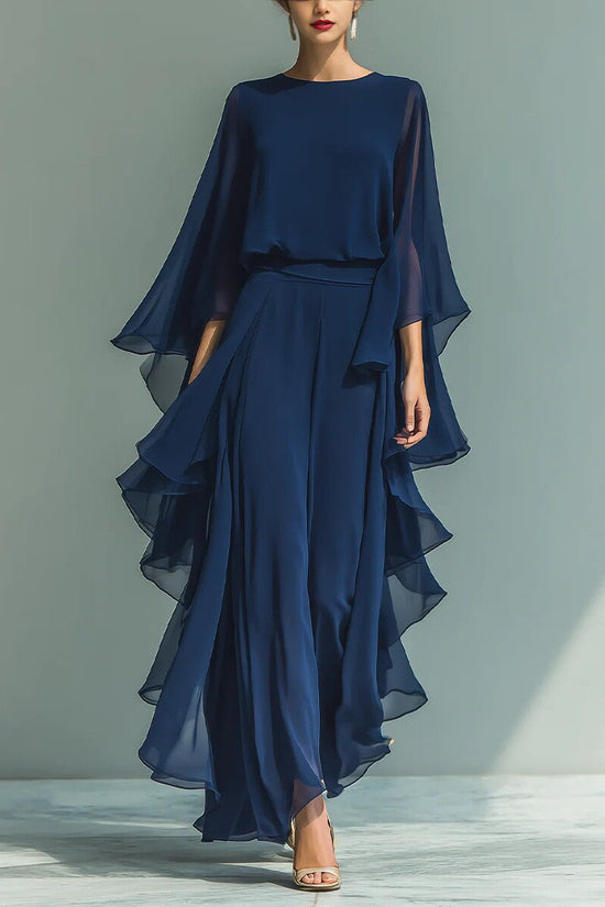 Deep Blue Ruffle Wide-Leg Pants Set for Women, Fashion Elegant Two-Piece Long Sleeve Casual Pants 