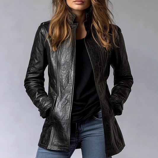 Vintage Style Women's Long Sleeve PU Jacket, Mid-Length Open Cardigan With Pockets, Casual Leather Coat CJ US