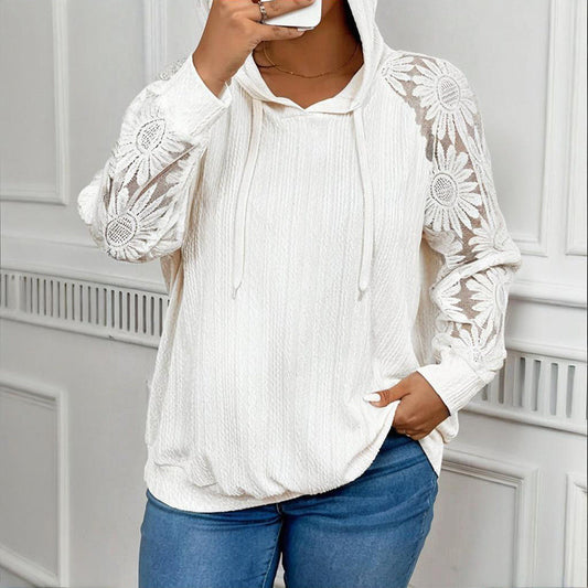 Women's Plus Size Hoodie Lace Long Sleeve Pullover Top, Fall Casual Drawstring Sweatshirt CJ US