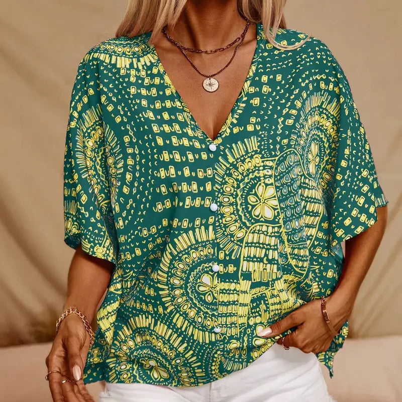 Mandala Print V-Neck Blouse – Casual Vacation Top CJ US