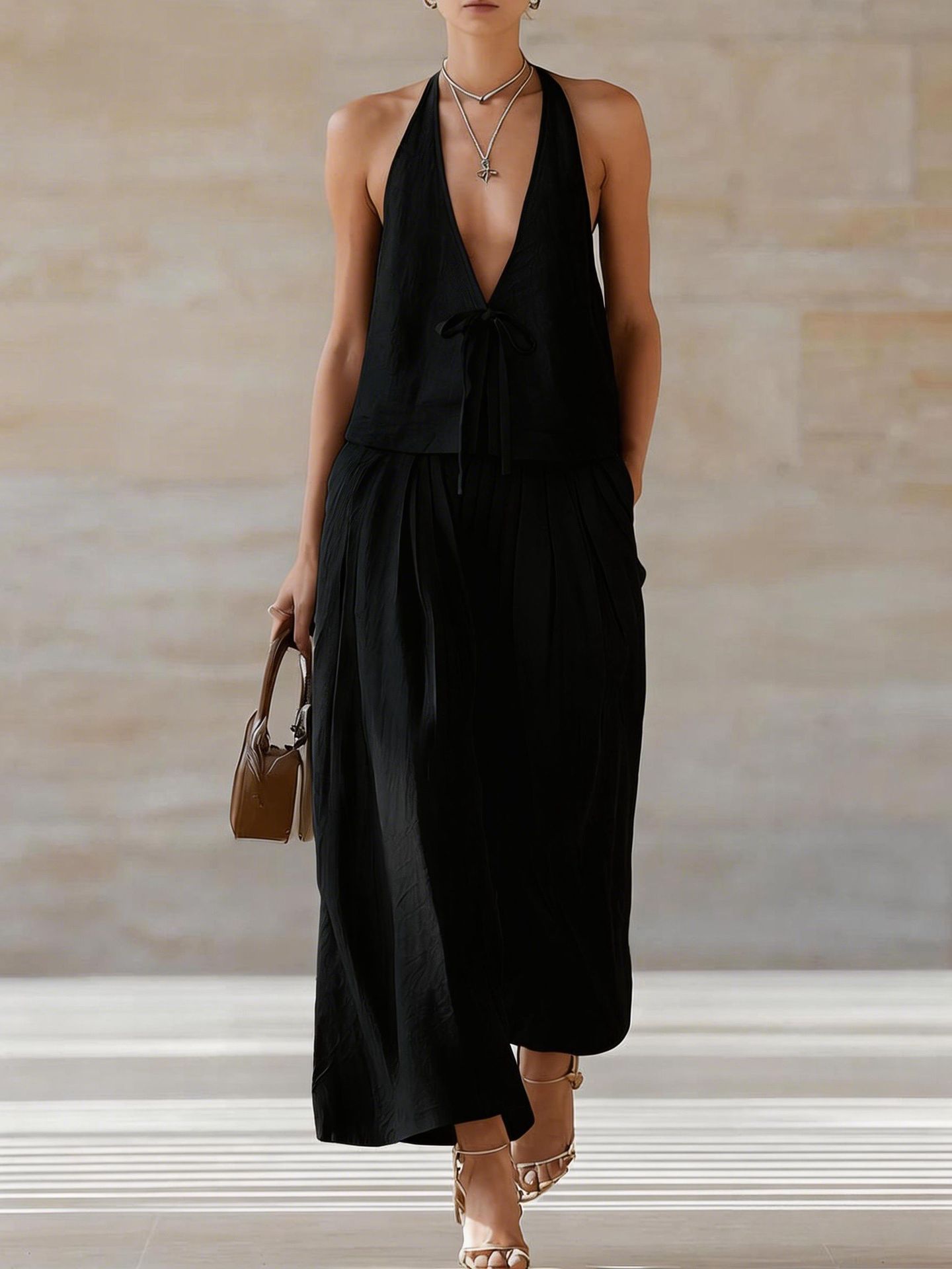 Fashionable Casual Sleeveless Vest And Loose Wide-Leg Pants Womens Set 