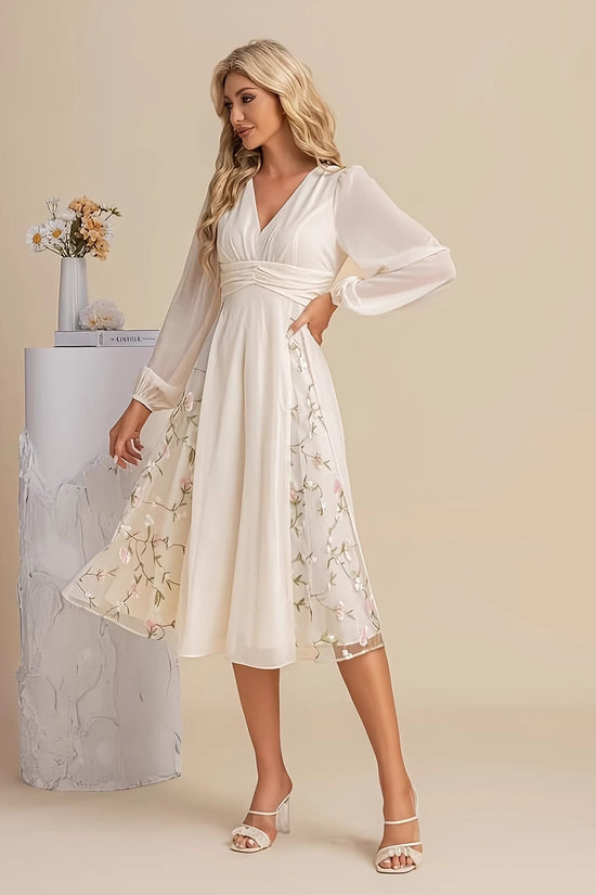 Floral Long-Sleeve V-Neck Pleated Dress For Women 